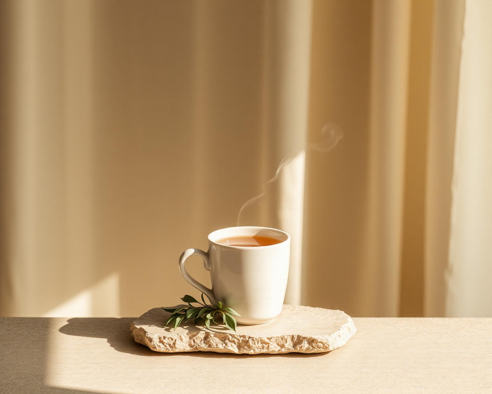 Una taza de té sobre piedra a la luz de la mañana